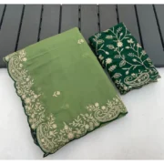 Generic Women's Star Georgette Embroidered Saree With Unstitched Blouse 5.5Mtr (Green) - Image 3