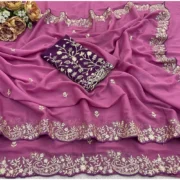 Generic Women's Star Georgette Embroidered Saree With Unstitched Blouse 5.5Mtr (Pink) - Image 4