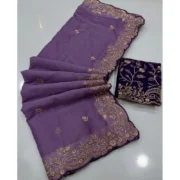 Generic Women's Star Georgette Embroidered Saree With Unstitched Blouse 5.5Mtr (Purple) - Image 6