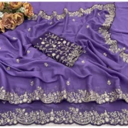Generic Women's Star Georgette Embroidered Saree With Unstitched Blouse 5.5Mtr (Purple) - Image 4