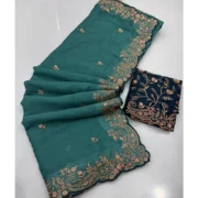 Generic Women's Star Georgette Embroidered Saree With Unstitched Blouse 5.5Mtr (Sea Green) - Image 3