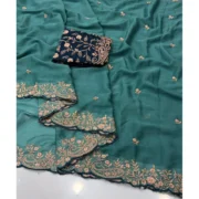 Generic Women's Star Georgette Embroidered Saree With Unstitched Blouse 5.5Mtr (Sea Green) - Image 2