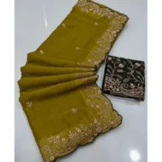 Generic Women's Star Georgette Embroidered Saree With Unstitched Blouse 5.5Mtr (Mustard Yellow) - Image 6