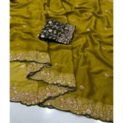 Generic Women's Star Georgette Embroidered Saree With Unstitched Blouse 5.5Mtr (Mustard Yellow) - Image 5