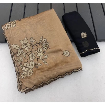 Generic Women's Viscose Silk Embroidered Saree With Unstitched Blouse 5.5Mtr (Gold)