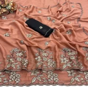 Generic Women's Viscose Silk Embroidered Saree With Unstitched Blouse 5.5Mtr (Peach) - Image 3