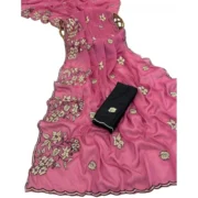 Generic Women's Viscose Silk Embroidered Saree With Unstitched Blouse 5.5Mtr (Pink) - Image 3