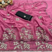 Generic Women's Viscose Silk Embroidered Saree With Unstitched Blouse 5.5Mtr (Pink) - Image 2