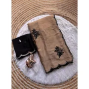 Generic Women's Viscose Silk Embroidered Saree With Unstitched Blouse 5.5Mtr (Beige) - Image 2