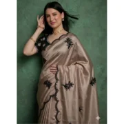 Generic Women's Viscose Silk Embroidered Saree With Unstitched Blouse 5.5Mtr (Beige)