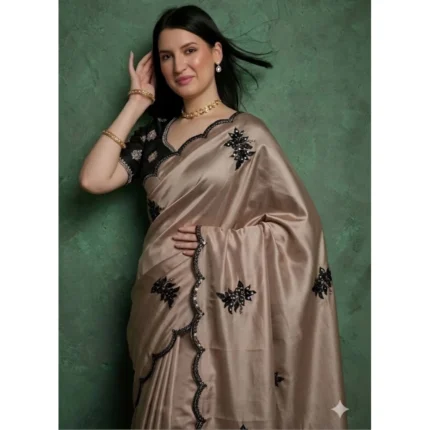 Generic Women's Viscose Silk Embroidered Saree With Unstitched Blouse 5.5Mtr (Beige)