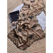 Generic Women's Viscose Silk Embroidered Saree With Unstitched Blouse 5.5Mtr (Beige) - Image 3