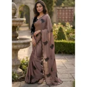 Generic Women's Viscose Silk Embroidered Saree With Unstitched Blouse 5.5Mtr (Brown) - Image 3