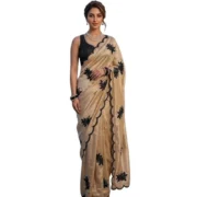 Generic Women's Viscose Silk Embroidered Saree With Unstitched Blouse 5.5Mtr (Beige) - Image 5