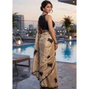 Generic Women's Viscose Silk Embroidered Saree With Unstitched Blouse 5.5Mtr (Beige) - Image 4