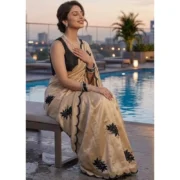 Generic Women's Viscose Silk Embroidered Saree With Unstitched Blouse 5.5Mtr (Beige) - Image 3