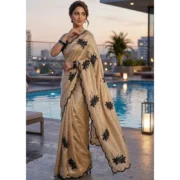Generic Women's Viscose Silk Embroidered Saree With Unstitched Blouse 5.5Mtr (Beige) - Image 2