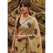 Generic Women's Viscose Silk Embroidered Saree With Unstitched Blouse 5.5Mtr (Beige) - Image 3