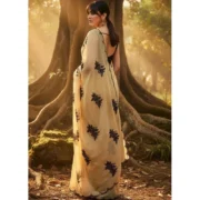 Generic Women's Viscose Silk Embroidered Saree With Unstitched Blouse 5.5Mtr (Beige) - Image 2