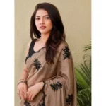 Generic Women's Viscose Silk Embroidered Saree With Unstitched Blouse 5.5Mtr (Brown)