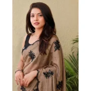 Generic Women's Viscose Silk Embroidered Saree With Unstitched Blouse 5.5Mtr (Brown)