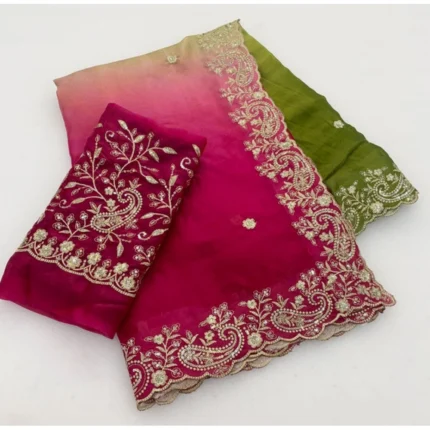 Generic Women's Satin Embellished Saree With Unstitched Blouse 5.5Mtr (Multicolor)
