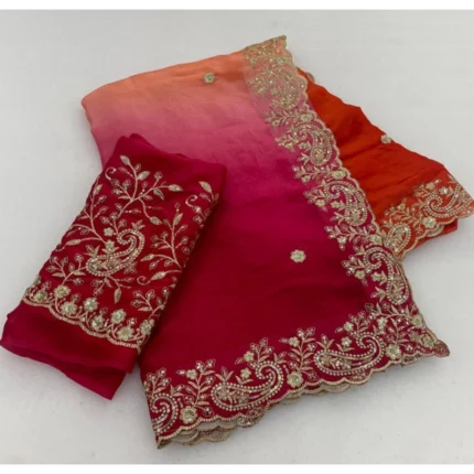 Generic Women's Satin Embellished Saree With Unstitched Blouse 5.5Mtr (Multicolor)