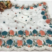 Generic Women's Chiffon Embroidered Saree With Unstitched Blouse 5.5Mtr (White) - Image 2