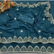Generic Women's Georgette Embellished Saree With Unstitched Blouse 5.5Mtr (Blue) - Image 2