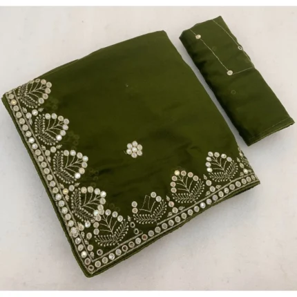 Generic Women's Georgette Embellished Saree With Unstitched Blouse 5.5Mtr (Green)