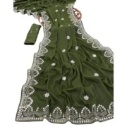 Generic Women's Georgette Embellished Saree With Unstitched Blouse 5.5Mtr (Green) - Image 4