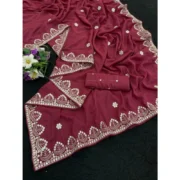 Generic Women's Georgette Embellished Saree With Unstitched Blouse 5.5Mtr (Maroon) - Image 3
