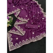 Generic Women's Georgette Embellished Saree With Unstitched Blouse 5.5Mtr (Purple) - Image 3