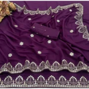 Generic Women's Georgette Embellished Saree With Unstitched Blouse 5.5Mtr (Purple) - Image 2