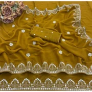 Generic Women's Georgette Embellished Saree With Unstitched Blouse 5.5Mtr (Mustard-Yellow) - Image 2