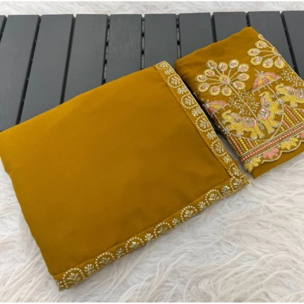 Generic Women's Art Silk Embroidered Saree With Unstitched Blouse 5.5Mtr (Yellow)