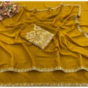 Generic Women's Art Silk Embroidered Saree With Unstitched Blouse 5.5Mtr (Yellow) - Image 2