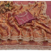 Generic Women's Silk Embellished Saree With Unstitched Blouse 5.5Mtr (Peach) - Image 2
