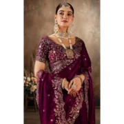 Generic Women's Silk Embroidered Saree With Unstitched Blouse 5.5Mtr (Wine)