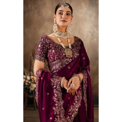 Generic Women's Silk Embroidered Saree With Unstitched Blouse 5.5Mtr (Wine)
