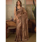 Generic Women's Viscose Silk Embroidered Saree With Unstitched Blouse 5.5Mtr (Brown) - Image 2