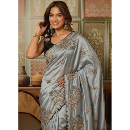 Generic Women's Viscose Silk Embroidered Saree With Unstitched Blouse 5.5Mtr (Grey)
