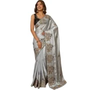 Generic Women's Viscose Silk Embroidered Saree With Unstitched Blouse 5.5Mtr (Grey) - Image 5