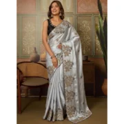 Generic Women's Viscose Silk Embroidered Saree With Unstitched Blouse 5.5Mtr (Grey) - Image 2