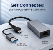 Generic USB 3.0 + Type-C to RJ45 Gigabit Ethernet Adapter, 1000 Mbps LAN Network Converter, Plug & Play, Compatible with Laptop, Desktop, MacBook & Chromebook, Metal Body (Grey) - Image 2