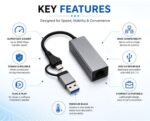 Generic USB 3.0 + Type-C to RJ45 Gigabit Ethernet Adapter, 1000 Mbps LAN Network Converter, Plug & Play, Compatible with Laptop, Desktop, MacBook & Chromebook, Metal Body (Grey) - Image 4